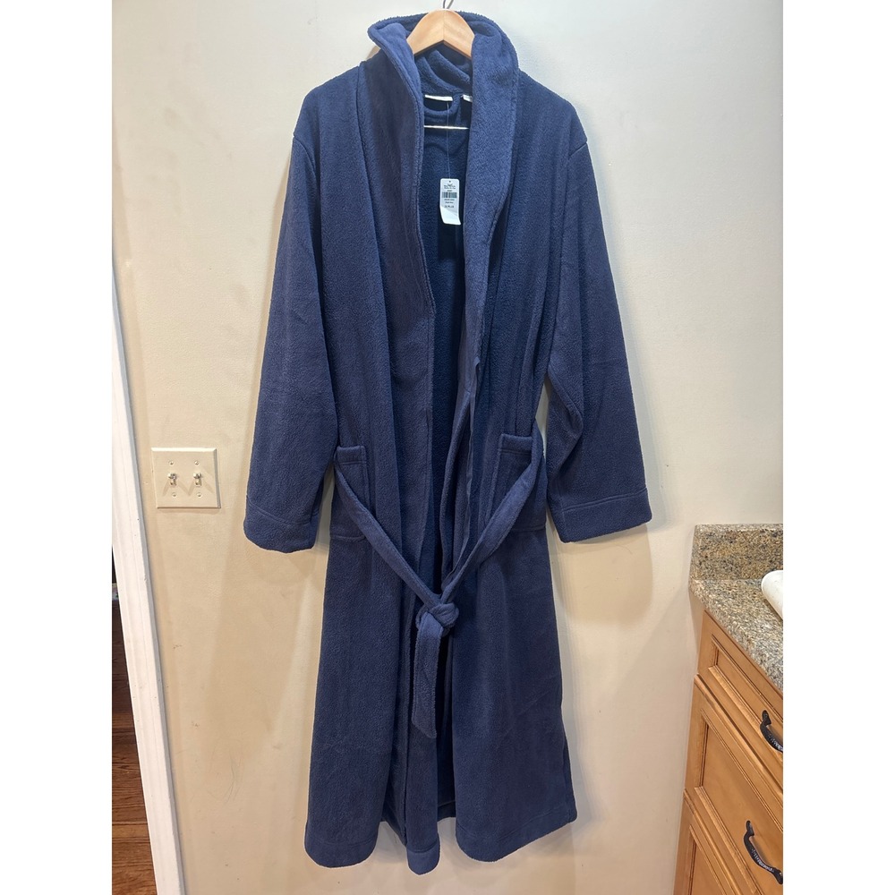 NWT LL Bean Navy Blue Fleece Robe 2X Plus Shawl Collar Long Belted 298087